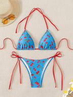 Damen Triangel-Bikini mit frischem Kirschmotiv und verstellbaren Bindändern