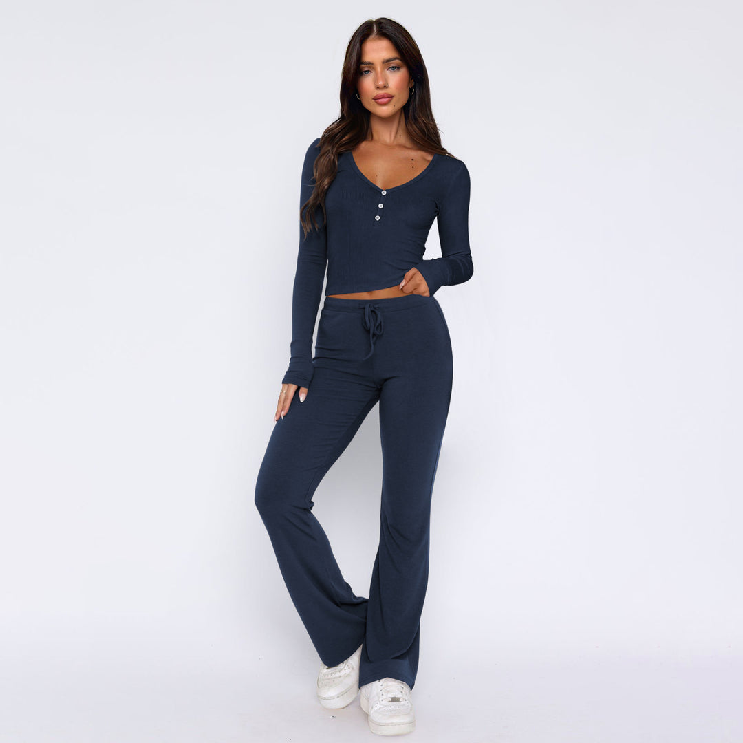 Damen bequemes Oberteil mit Knopfleiste und lockerer Hose R&B