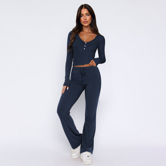 Damen bequemes Oberteil mit Knopfleiste und lockerer Hose R&B