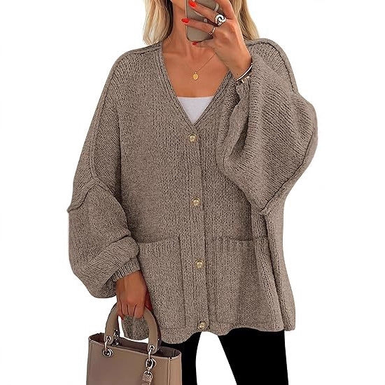 Damen Oversized Strickjacke mit Knöpfen und großen Taschen R&B