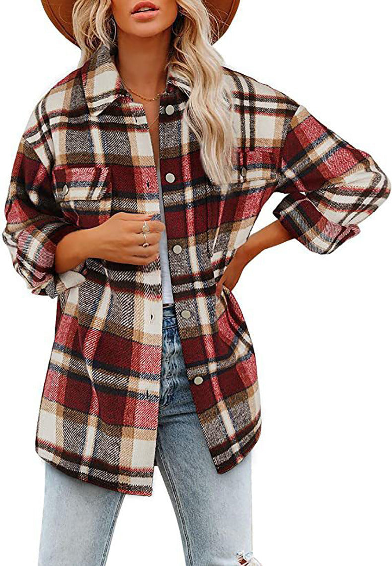 Damen Oversized Hemdjacke mit kariertem Muster und praktischen Taschen R&B