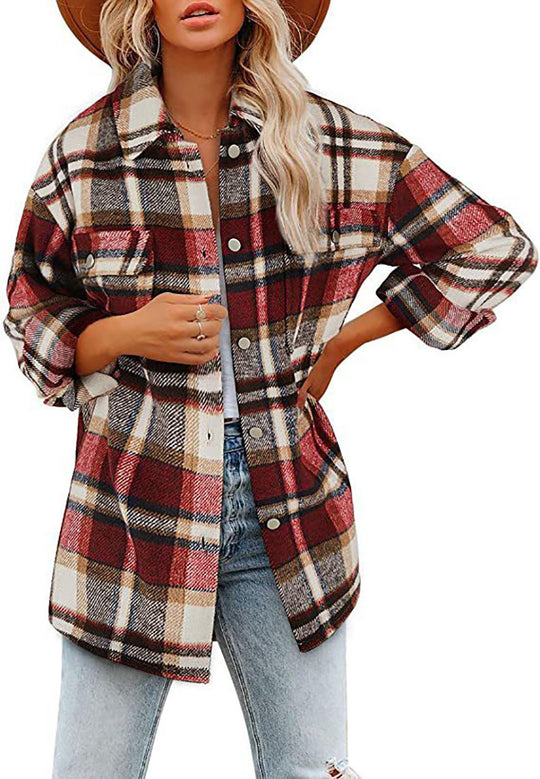 Damen Oversized Hemdjacke mit kariertem Muster und praktischen Taschen R&B