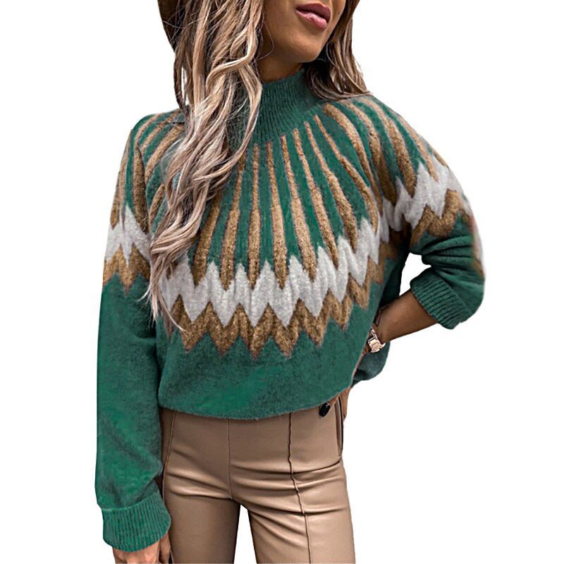 Damen Modischer Grobstrickpullover mit grafikintensivem Design und hohen Kragen R&B