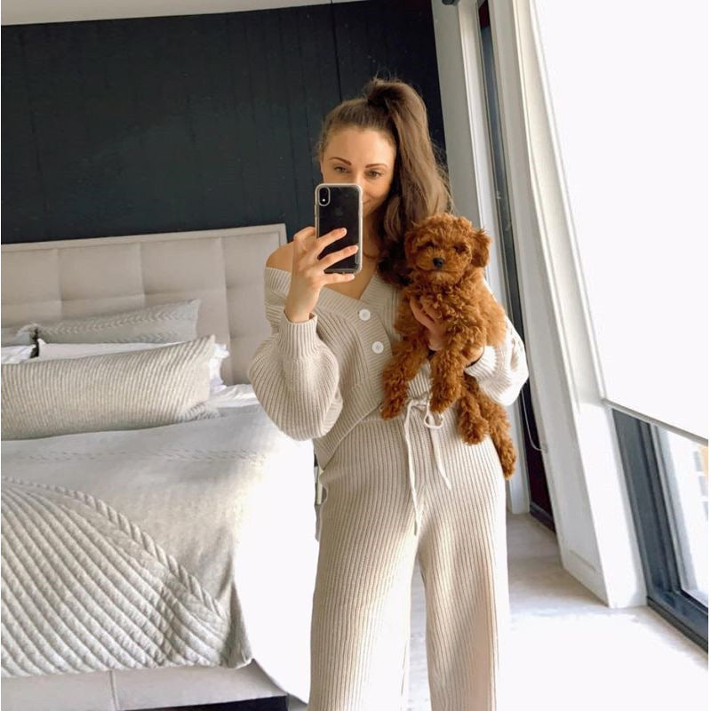 Damen Angesagtes Strick-Loungewear-Set mit modischen Knöpfen und Kordelzug R&B