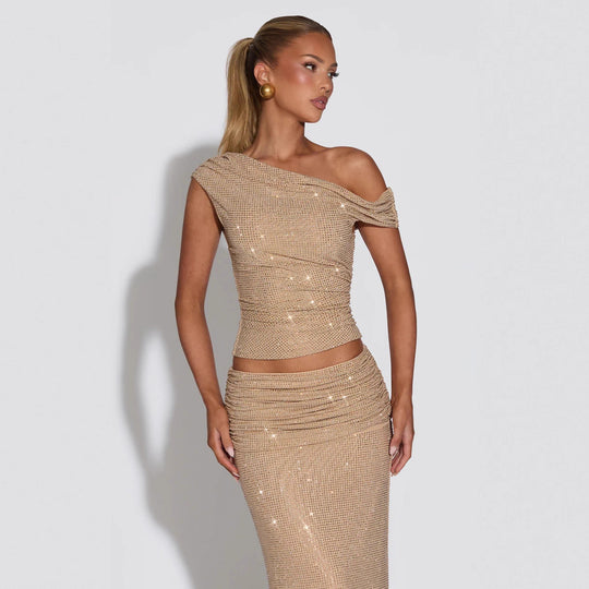 Damen Glänzendes Oberteil mit asymmetrischem Schnitt und glamourösen Strassdetails R&B
