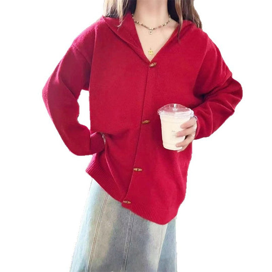 Damen stylische Strickjacke mit Kapuze und dekorativen Knöpfen R&B