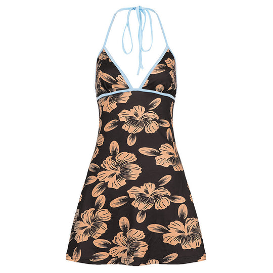 Damen Blütenmuster Strandkleid mit Spaghetti-Trägern und offener Rückenpartie R&B