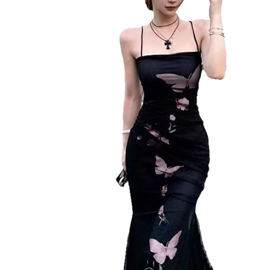 Damen elegantes Wickelkleid mit floralem Schmetterlingsdruck und verstellbaren Spaghetti-Trägern R&B