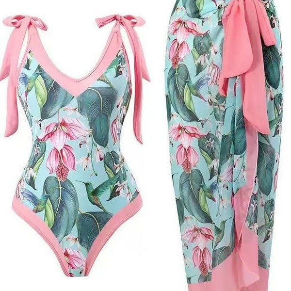 Damen Badeanzug mit floralem Design und transparentem Wickelrock R&B