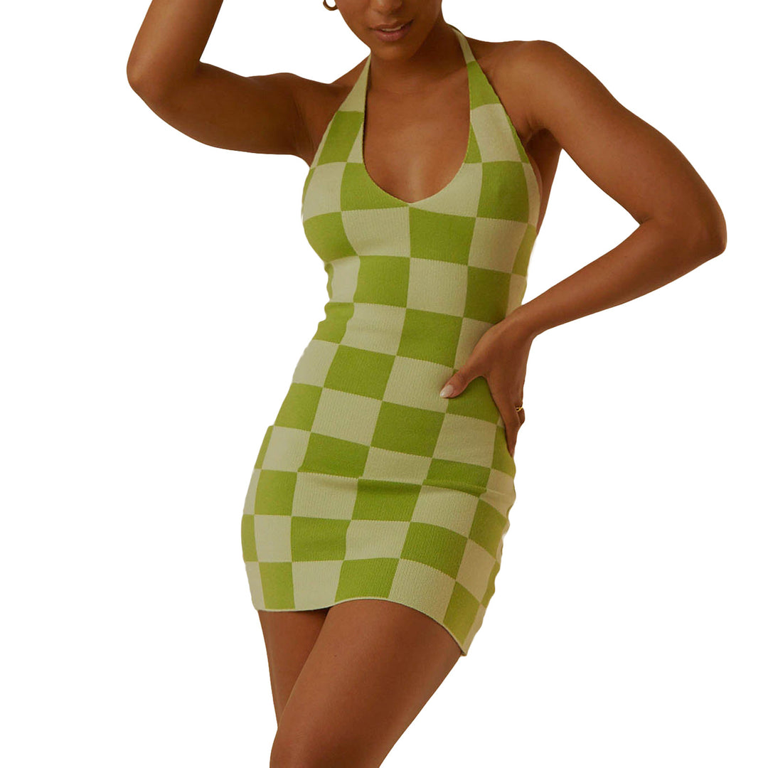 Damen enganliegendes Karomuster-Kleid mit tiefem V-Ausschnitt R&B