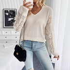Damen nan locker geschnittener Waffelstrick-Pullover mit floralen Spitzeneinsätzen an den Ärmeln R&B