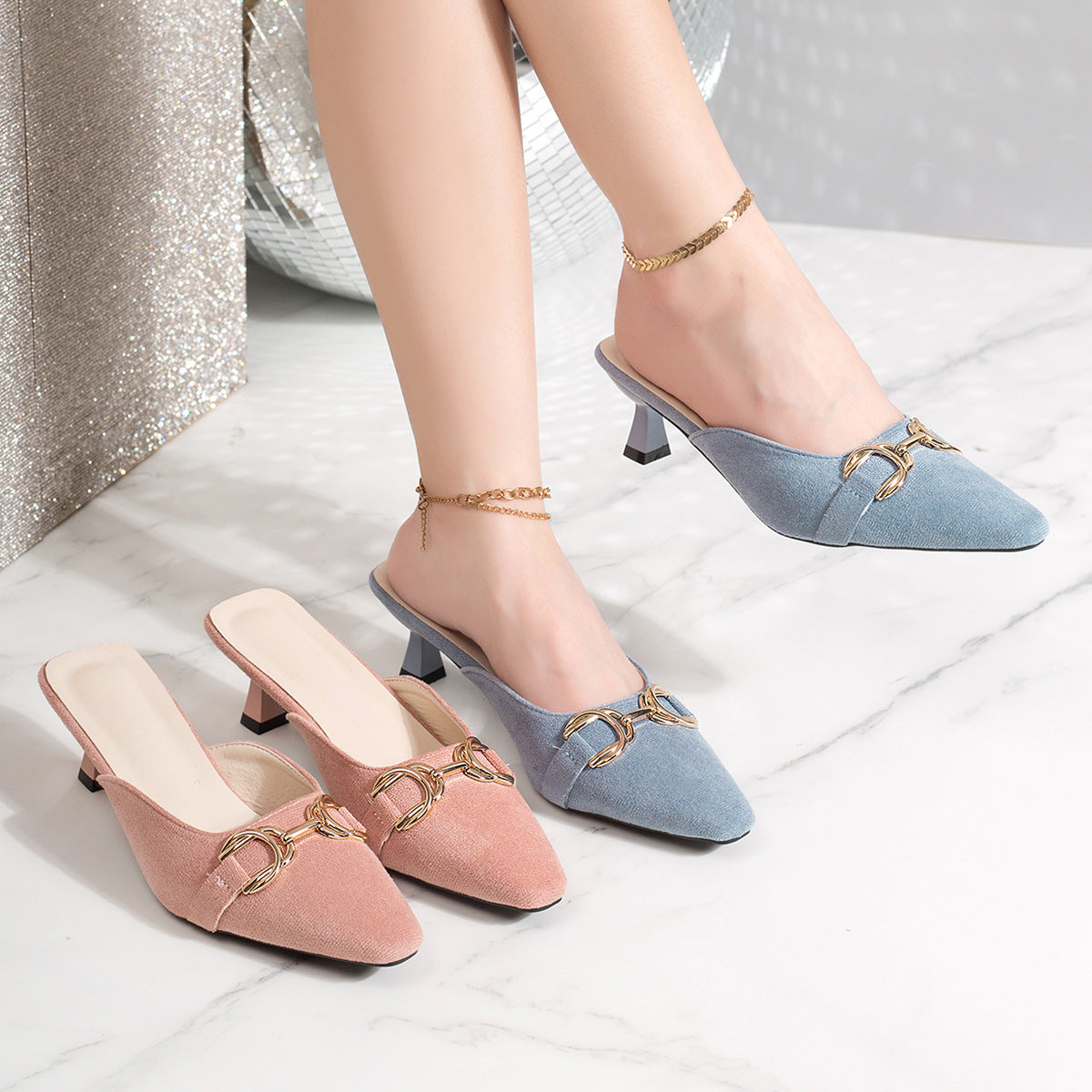 Damen elegante Mules mit modischem Metallakzent R&B