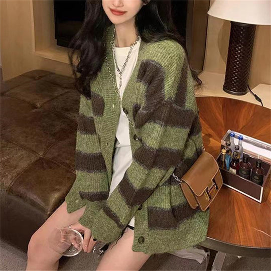 Damen Grobstrickjacke mit modischem Streifenmuster und lässigem Schnitt R&B