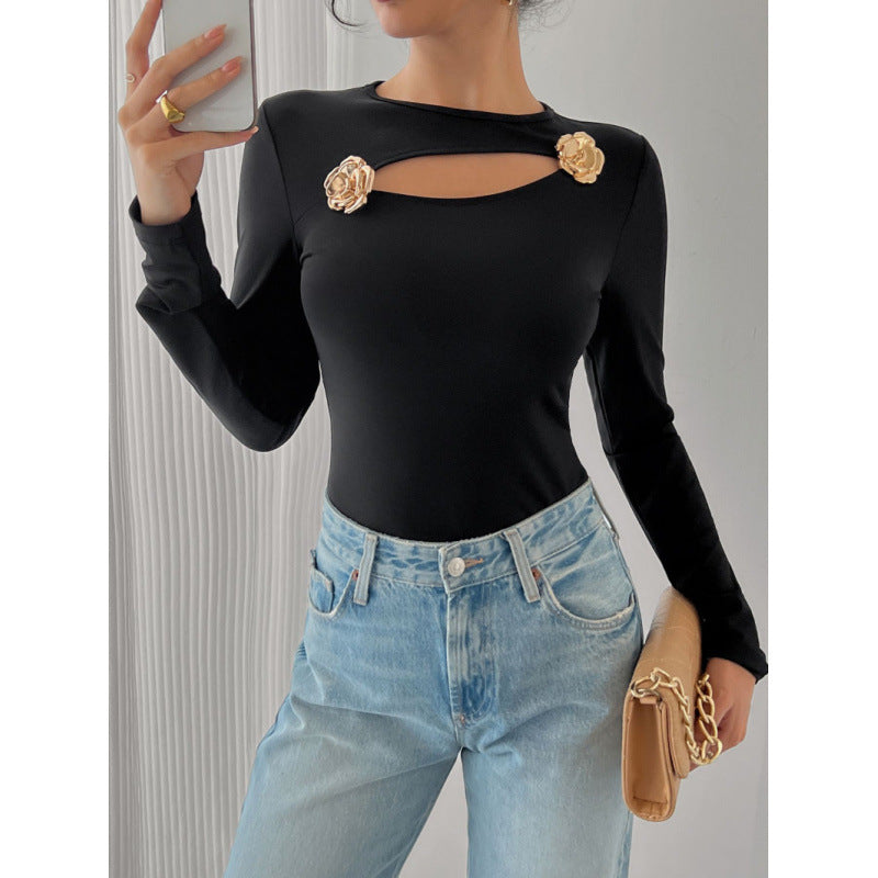 Damen Elegantes Langarm-Bodysuit mit dekorativen Blumenakzenten R&B
