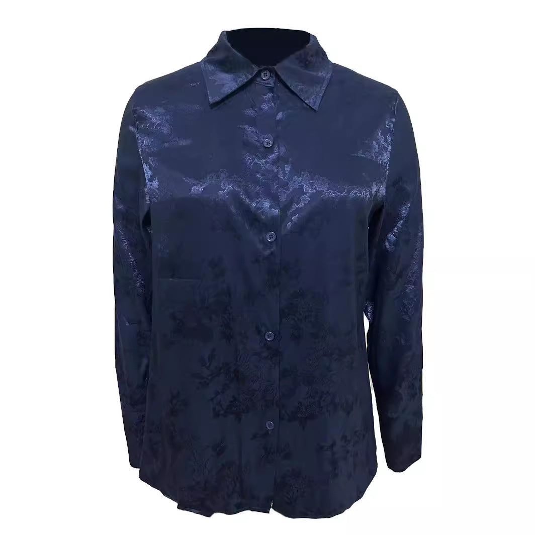 Damen edle Longbluse aus glänzendem Satin mit floralem Muster R&B