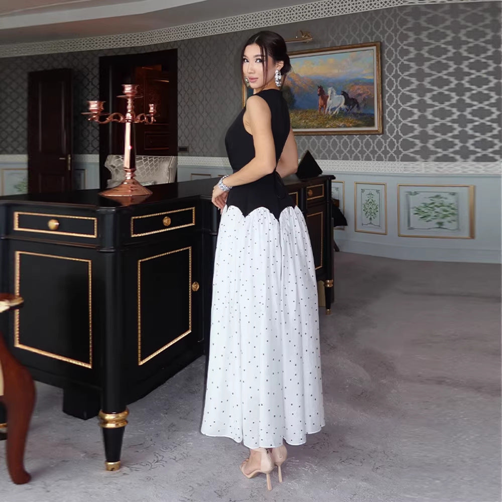 Damen elegantes Maxikleid mit gepunktetem Rockteil und tailliertem Oberteil R&B