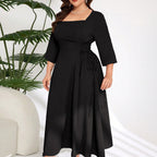 Damen Midi-Kleid mit schickem Quadrat-Ausschnitt und eleganten Rüschendetails R&B