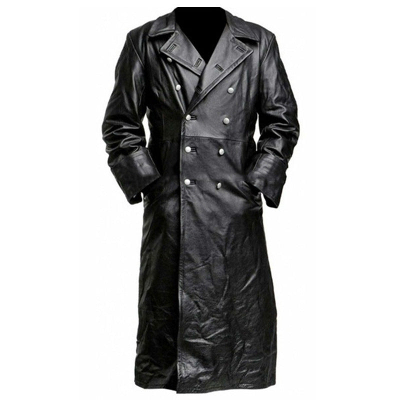 R&B | langer Mantel - Taillierter Schnitt - Doppelreiher - Lederlook mit breiten Revers