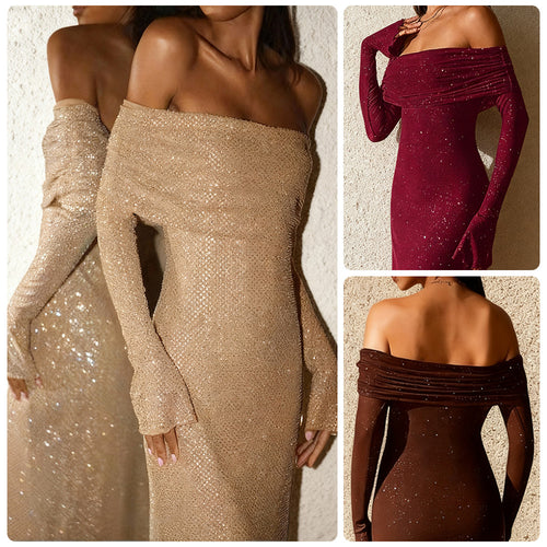 Damen Elegantes, schulterfreies Abendkleid mit glitzerndem Paillettenbesatz und figurbetonter Silhouette R&B
