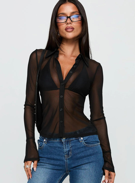 Damen Transparente Bluse mit sexy Design und feinen Knopfdetails R&B