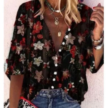 Damen Transparente Bluse mit floralen Stickereien und übergroßem Schnitt R&B