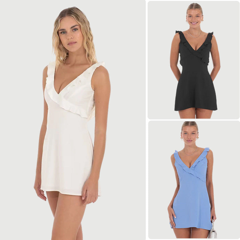 Damen Cocktailkleid mit rüschenverziertem V-Ausschnitt und schwingendem Rock R&B