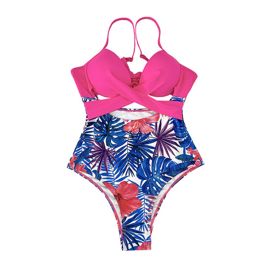 Damen High-Waist Badeanzug mit verführerischem Schnitt und tropischem Floral-Muster R&B