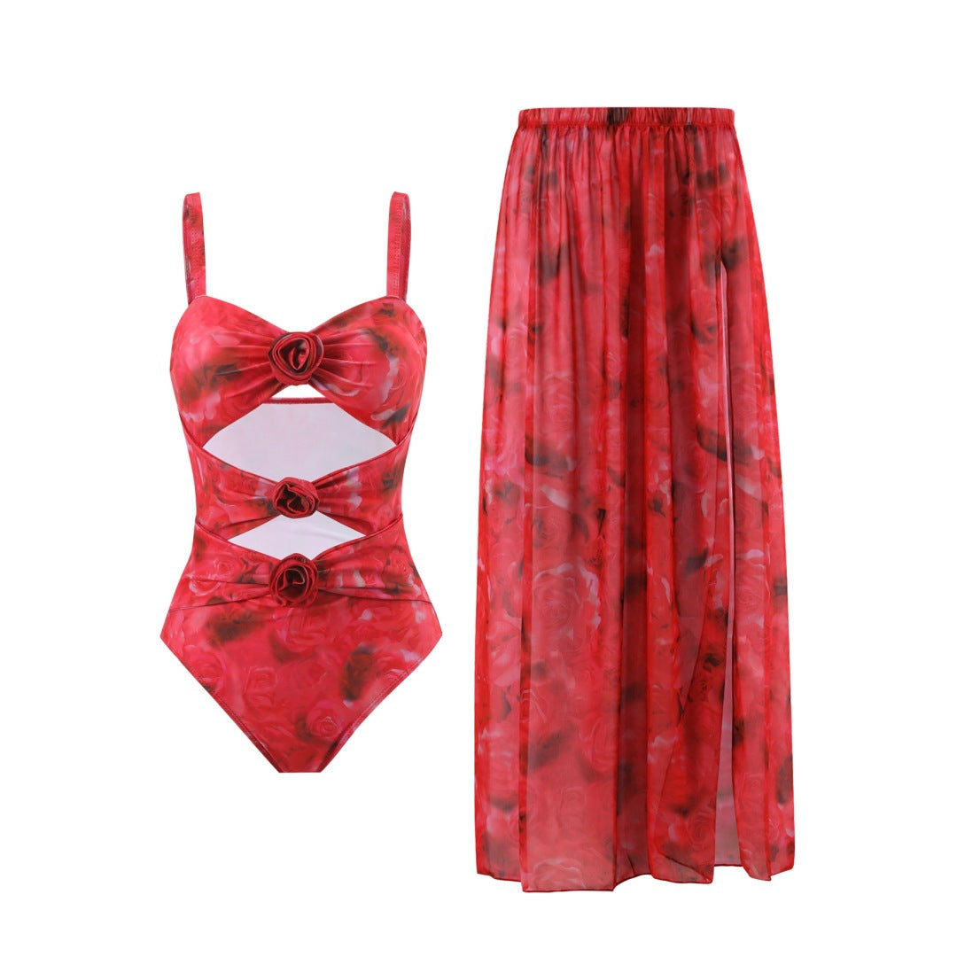 Damen Einteiler Badeanzug mit floralem Design und transparentem Überrock R&B