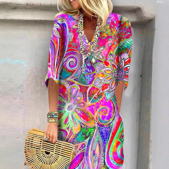 Damen nan leichtes Boho-Kaftankleid mit V-Ausschnitt, lockerer Silhouette und dreiviertelärmeln R&B