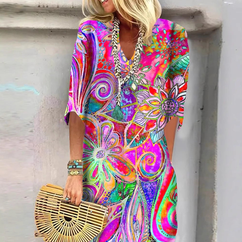 Damen nan luftiges Boho-Kaftankleid mit V-Ausschnitt, lockerem Fall und kurzen Fledermausärmeln R&B