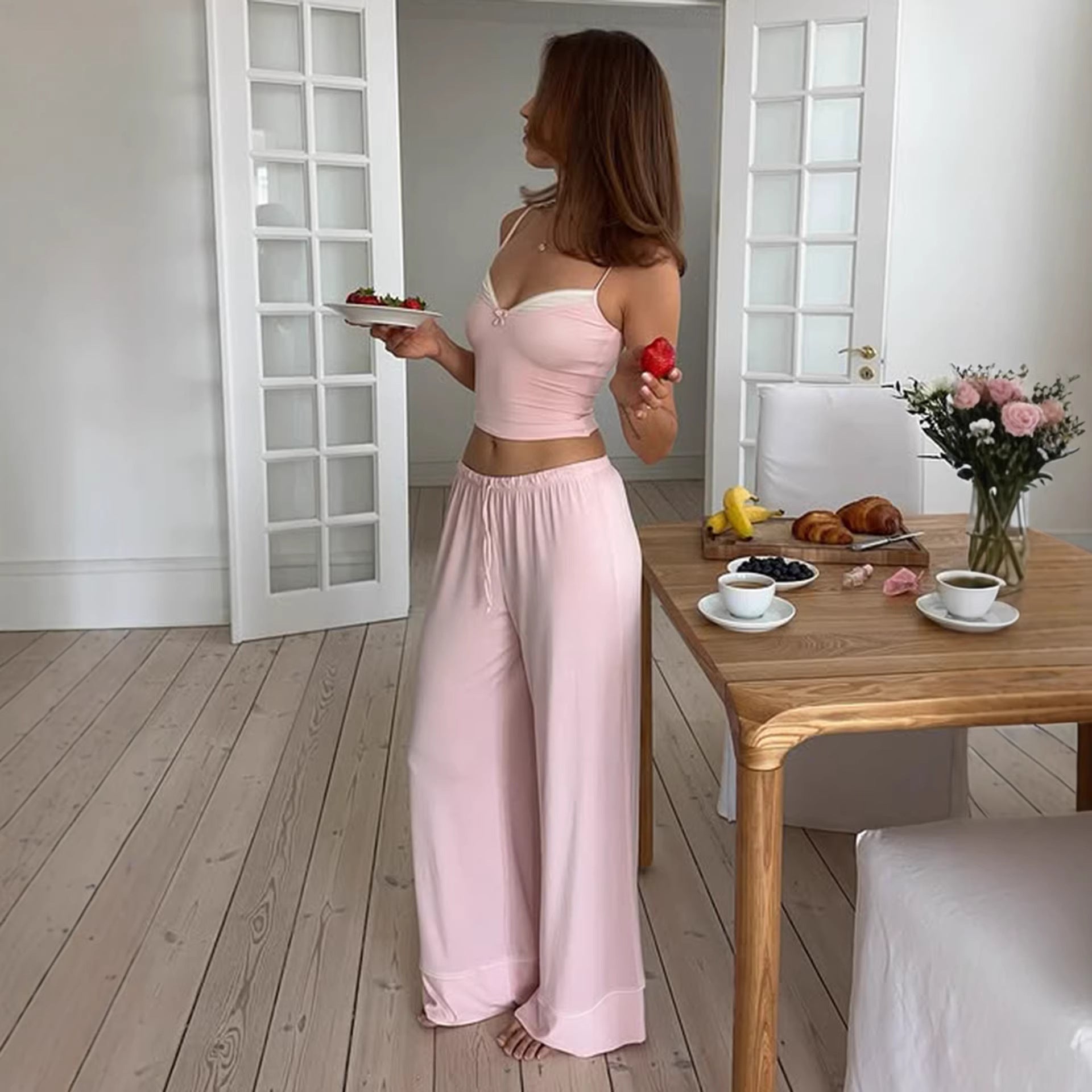 Damen Schlafanzug Set mit Spaghetti-Trägern und weitem Bein R&B