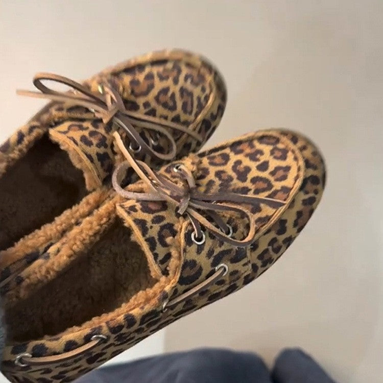 Damen Mokassins mit tierischem Muster und luxuriösem Fellfutter