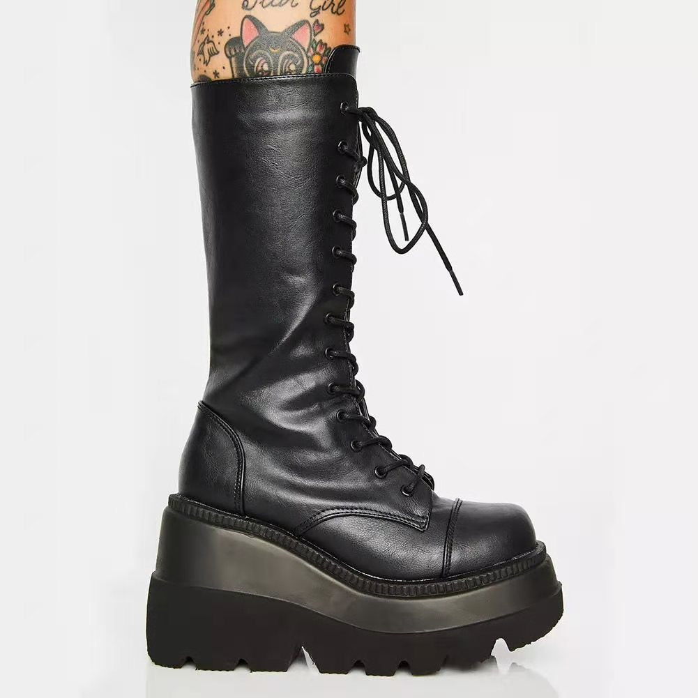 Damen Hochwertige Schnürstiefel mit Plateauabsatz und seitlichem Reißverschluss R&B