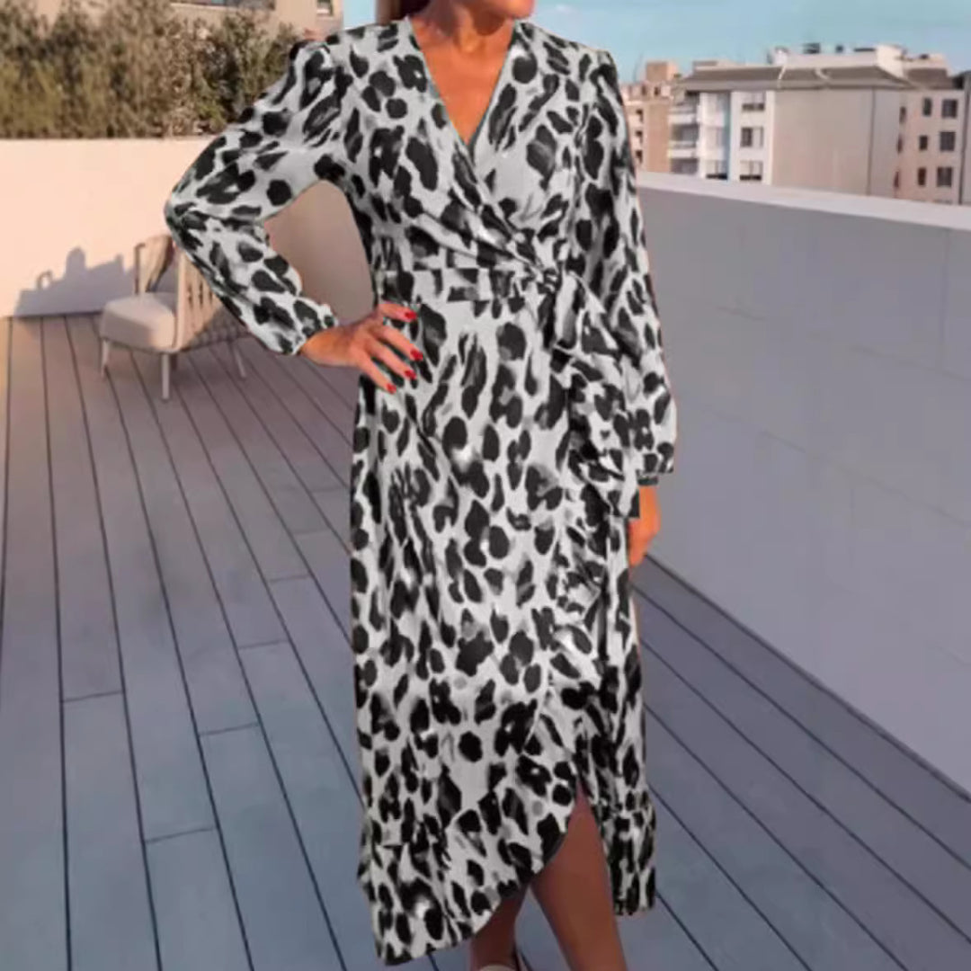 Damen nan Wickel-Midikleid mit Tiermuster, V-Ausschnitt, Taillenband und asymmetrischem Volant R&B