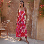 Damen Maxikleid mit voluminösem Rock und kreativem Blattdruck R&B