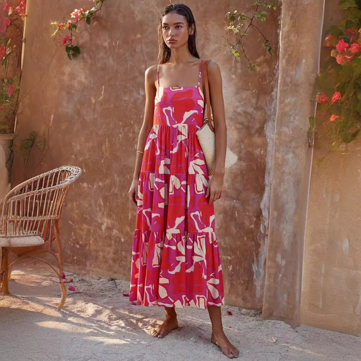 Damen Maxikleid mit voluminösem Rock und kreativem Blattdruck R&B