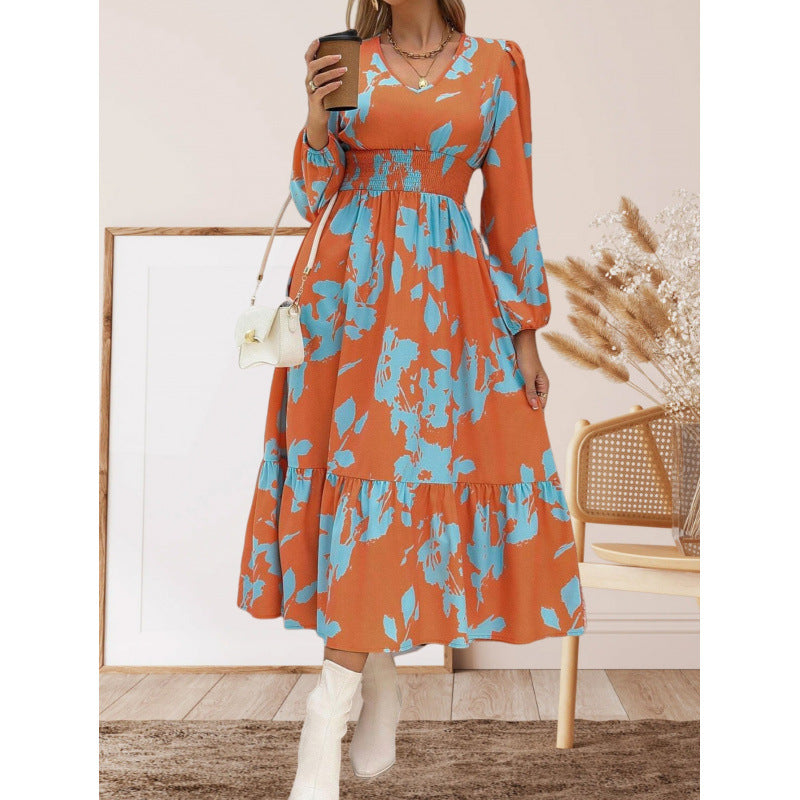 Damen Langarm Maxikleid mit floralen Mustern und voluminösen Ärmeln R&B