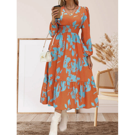 Damen Langarm Maxikleid mit floralen Mustern und voluminösen Ärmeln R&B