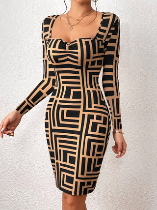 Damen Figurbetontes Langarmkleid mit geometrischem Muster und kreativem Ausschnitt R&B