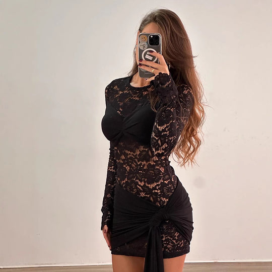 Damen Sexy Spitzen-Dress mit Wickel-Detail R&B