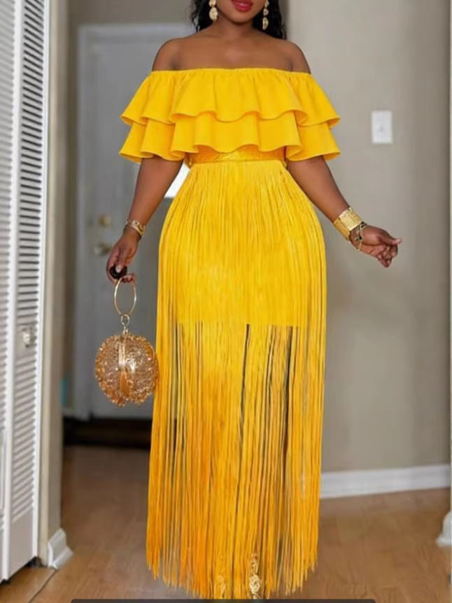 Damen Elegantes Off-Shoulder Kleid mit voluminösem Rüschensaum und fransigem Design R&B