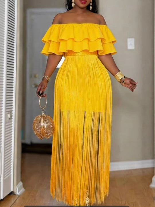 Damen Elegantes Off-Shoulder Kleid mit voluminösem Rüschensaum und fransigem Design R&B