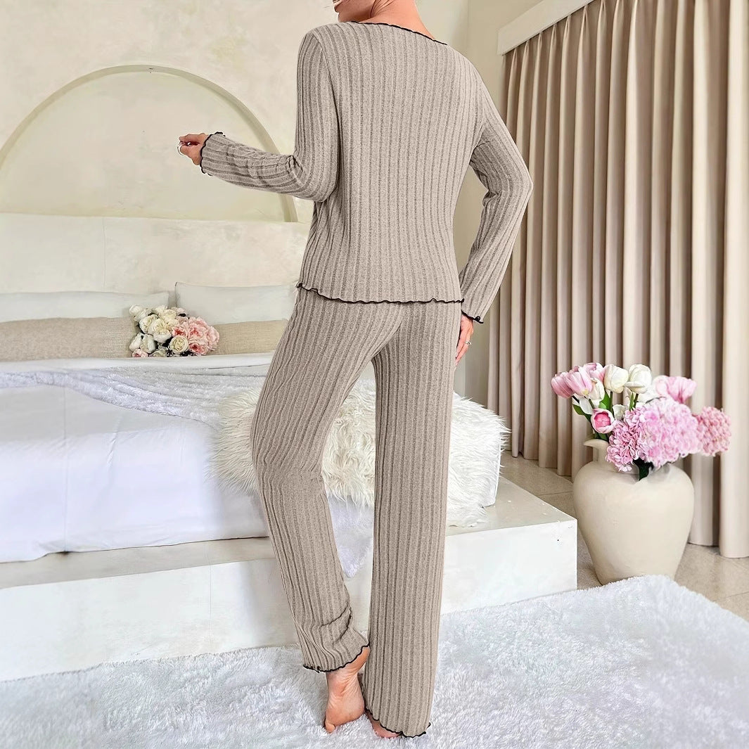 Damen Gemütlicher zweiteiliger Pyjama mit kontrastierenden Rüschen R&B