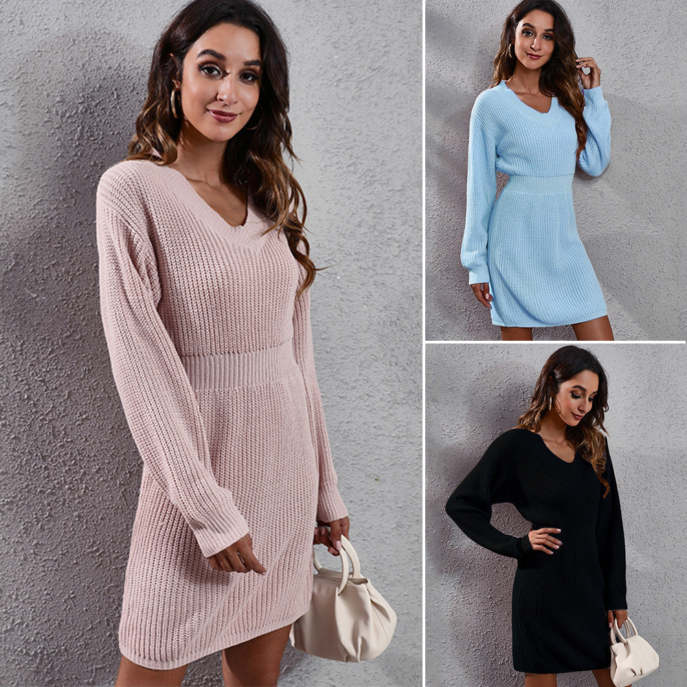 Damen Strickkleid mit V-Ausschnitt und lässigem Schnitt R&B