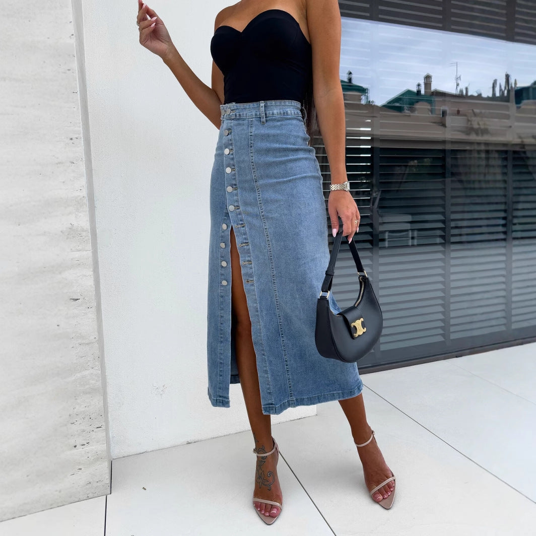 Damen Langer Jeansrock mit seitlichem Schlitz und modischen Knopfdetails R&B