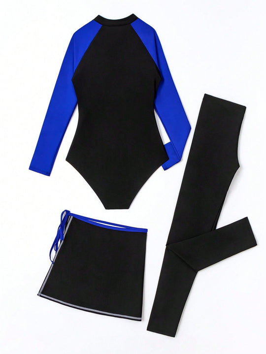 Damen Sportlicher UV-Schutz-Schwimmanzug mit langem Arm und Rock R&B