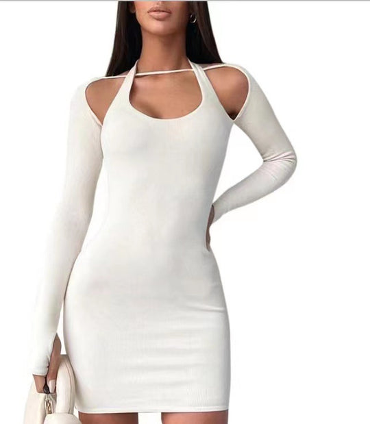Damen Einseitig Offenes Mini-Kleid mit Langarm R&B
