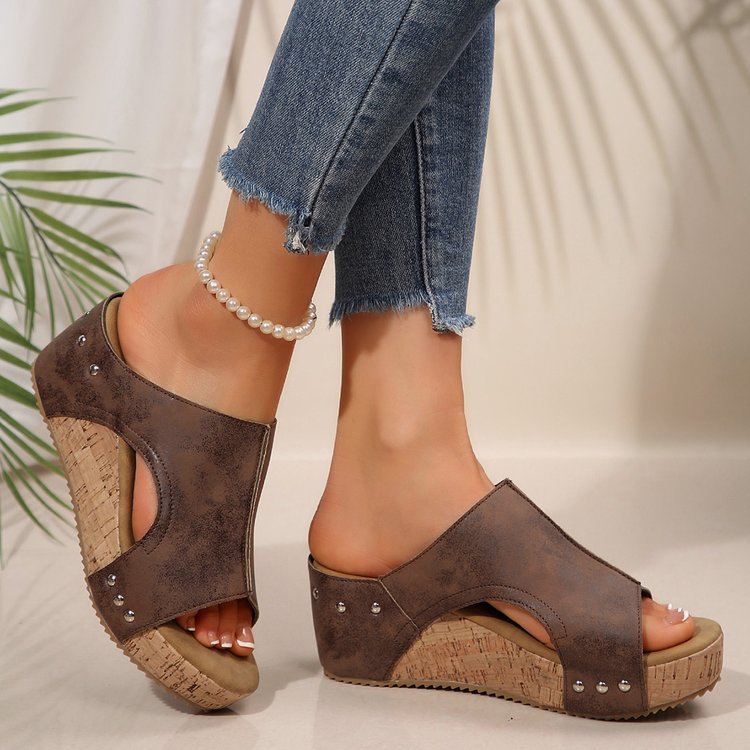 Damen Plateau-Pantoletten mit modischem Cut-Out-Design und rutschfester Korksohle R&B