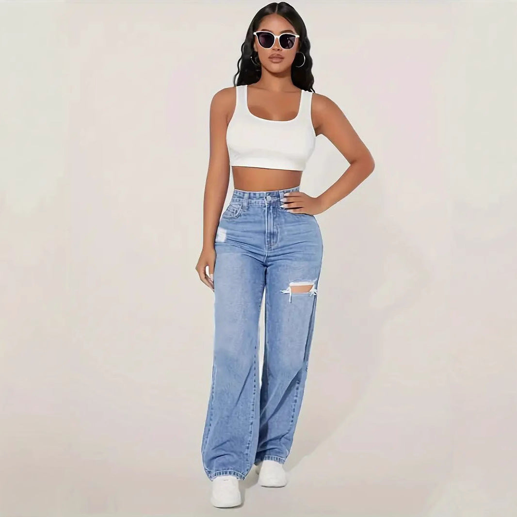 Damen Weite Denim-Hose mit trendigen Rissdetails und hohem Bund R&B