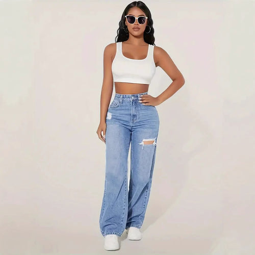 Damen Weite Denim-Hose mit trendigen Rissdetails und hohem Bund R&B